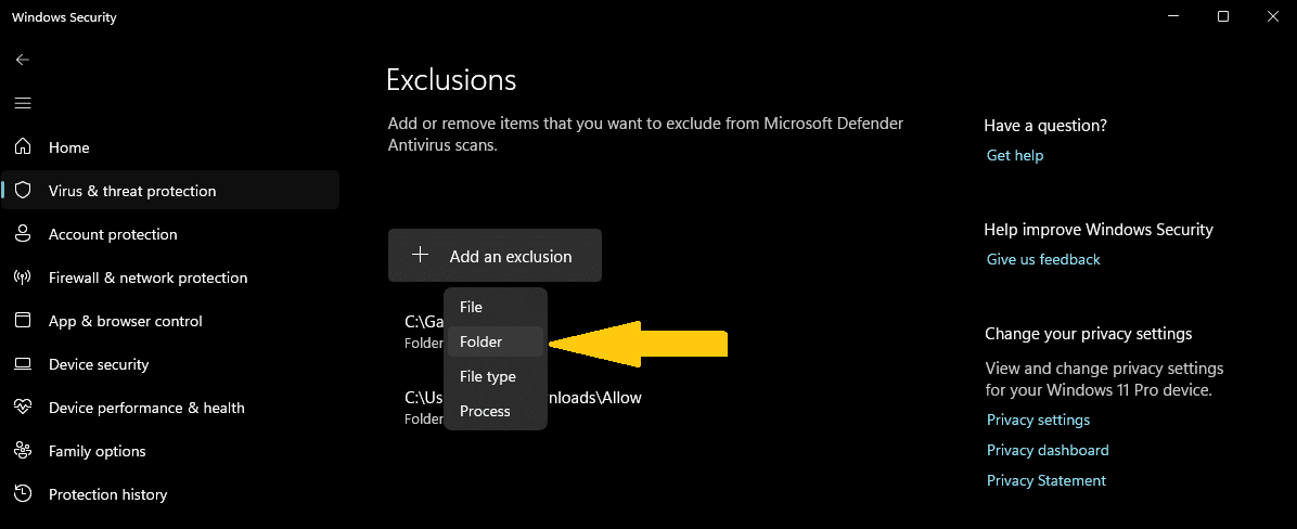 Add an Exclusion → Folder